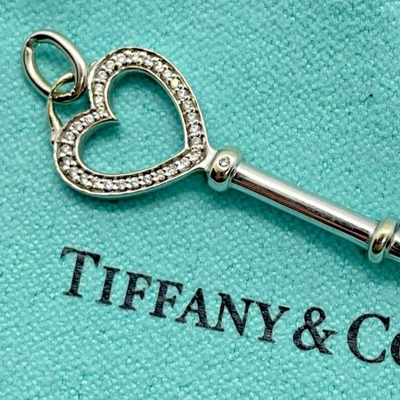 Tiffany & Co. 18k White Gold Diamond Heart Key Pendant 1.5 Inches w/ Pouch - Picture 2 of 11